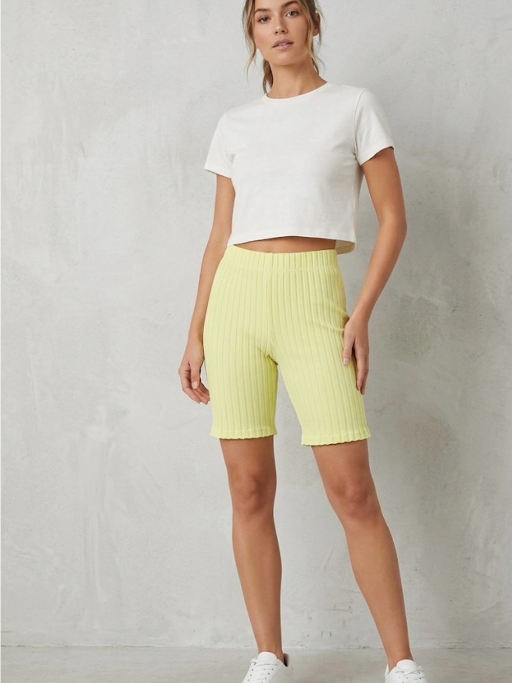 Good American Ribbed High-Waist Bike Shorts in Pale Yellow